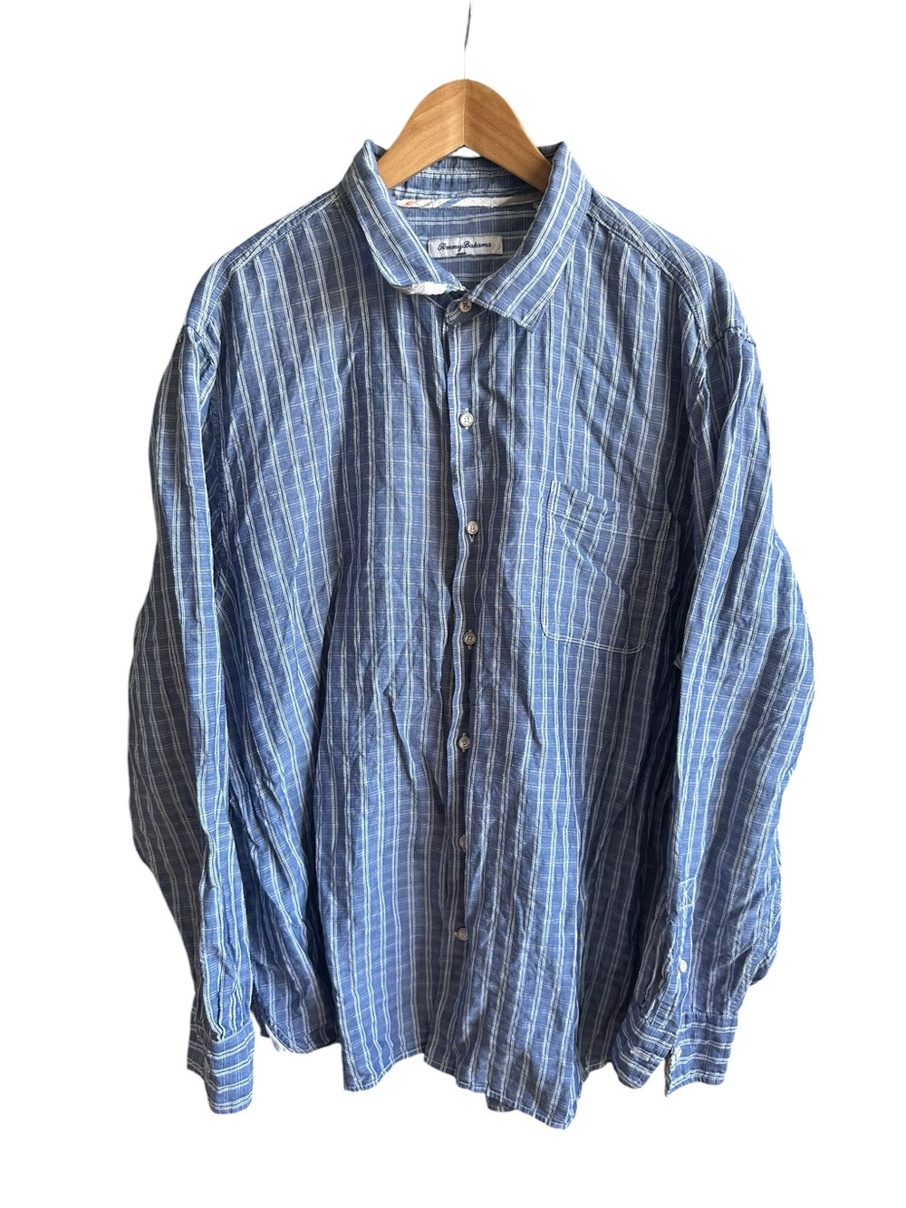 Tommy Bahama 3XL Mens Blue Plaid Linen Tencel Button Shirt Long Sleeve 3X 3TG